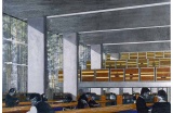 BnF, vue sur une salle de lecture, niveau rez-de-jardin, collage papier-bois, plexiglas, photocopie et pastel, 1991 - Crédit photo : Perrault Dominique