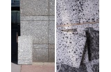 Les plaques de façade en granite de l'immeuble Parissy ont été déposées puis concassés. Différents échantillonnages d'opus et de granitos ont ainsi été réalisés en amont du chantier - Crédit photo : . .