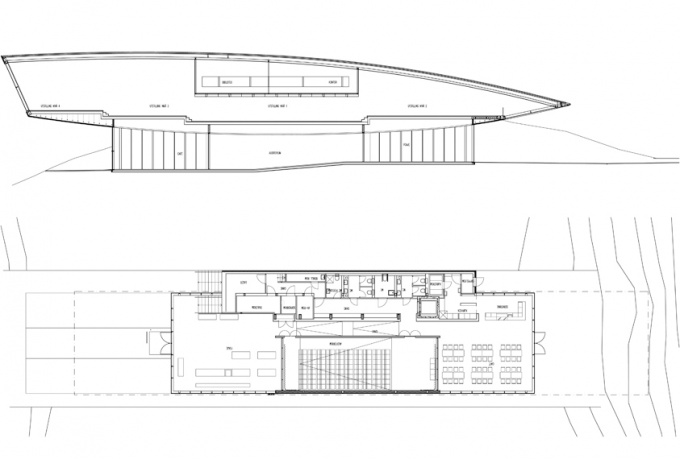 Coupe et plan de l'habitacle, dans le sol en béton, l'entrée de l'auditorium<br/> Crédit photo : dr -