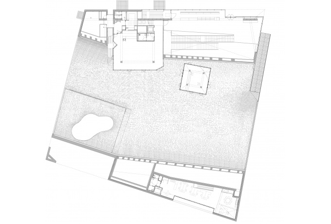 Plan du niveau de la toiture accessible, du rez-de-chaussée du restaurant et du kiosque