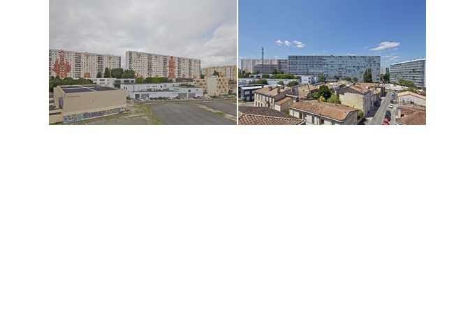 Vue et plan de situation des trois bâtiments (G, H, I) en cours de transformation dans la cité du Grand-Parc.<br/> Crédit photo : RUAULT Philippe