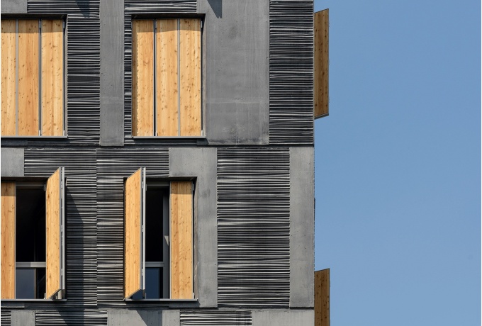 Matérialité de la façade, appareillage du béton<br/> Crédit photo : Houot Antoine