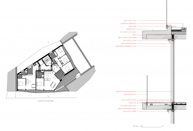 Plan de l'attique et coupe sur la façade<br/> Crédit photo : . .