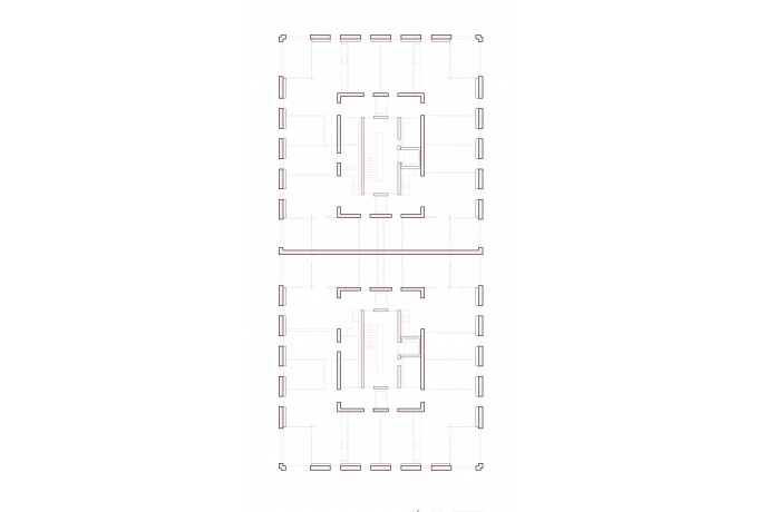Plan d’étage courant organisé en trois couronnes, avec la cage d’escalier au centre, les cuisines et salles de bains dans la zone intermédiaire, et les chambres et séjours en périphérie des bâtiments<br/> Crédit photo : Perraudin et Archiplein .